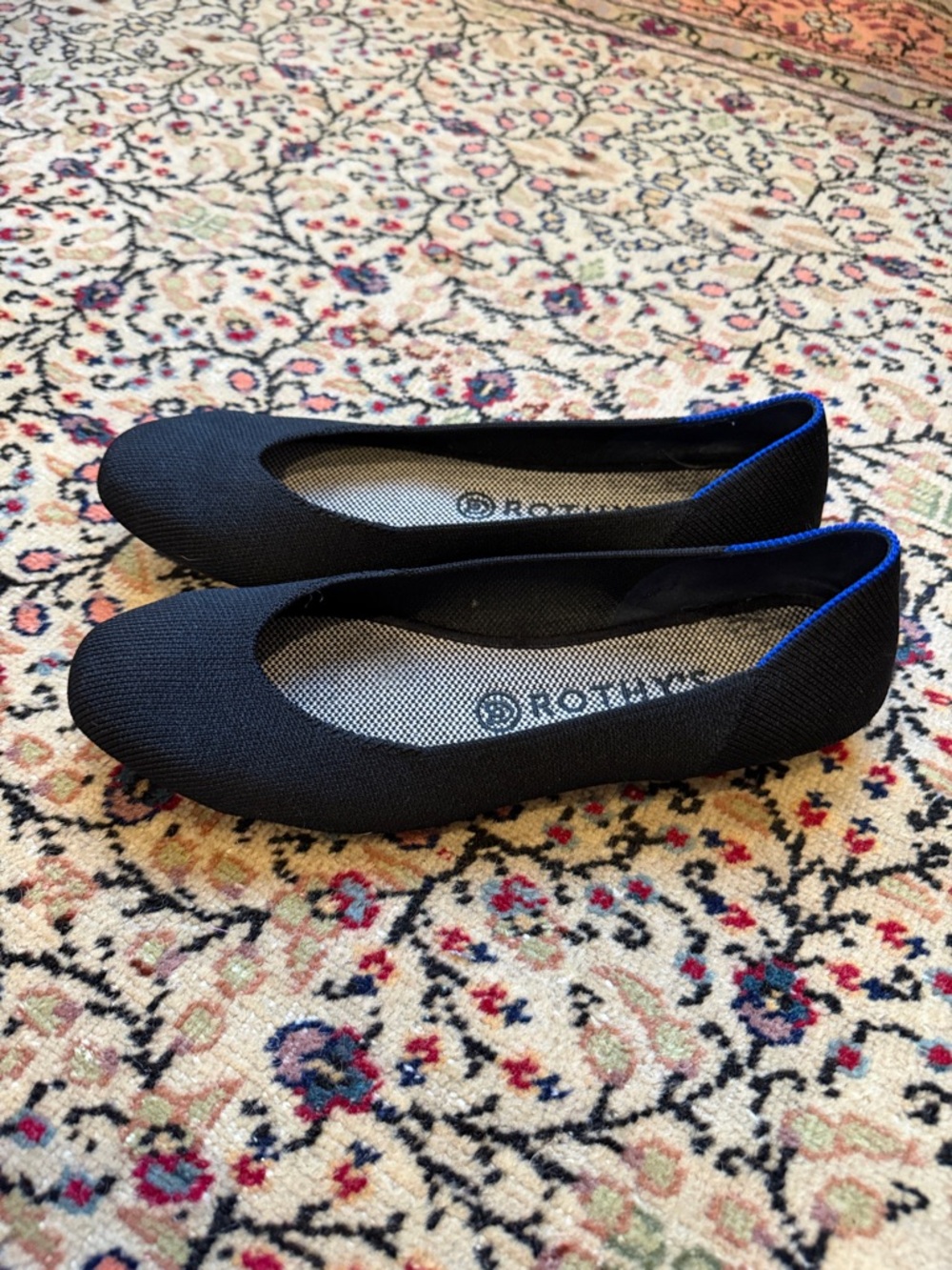 Rothy's Black Knit Ballet Flats with Blue Trim
